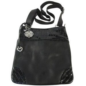 Brighton Peyton Black Leather Croc Patent Trim Adjustable Strap Crossbody Bag